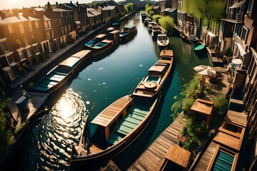 Sunlit canals winding through an urban landscape, lined with vibrant houseboats. - obrazy, fototapety, plakaty