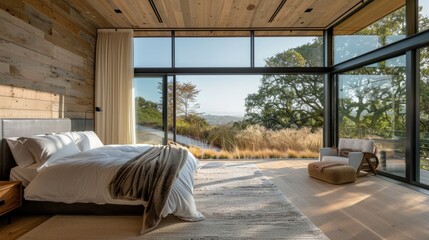 Fototapeta na wymiar Smart windows that adjust transparency and tint for optimal natural lighting and privacy in a high-tech bedroom