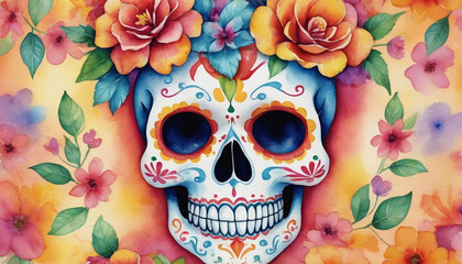 Watercolor Illustration Of Sugar Skull In Vibrant Cinco De Mayo Theme