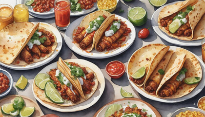 Fototapeta na wymiar Watercolor Illustration Of Tacos Al Pastor Feast