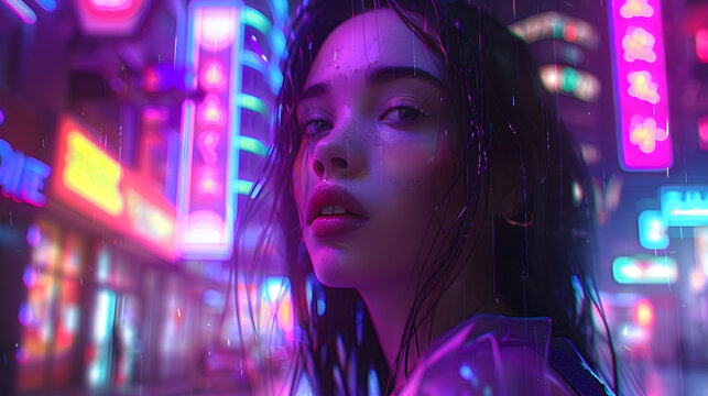 This digital canvas portrays a young woman soaking in the rain amidst neon city lights