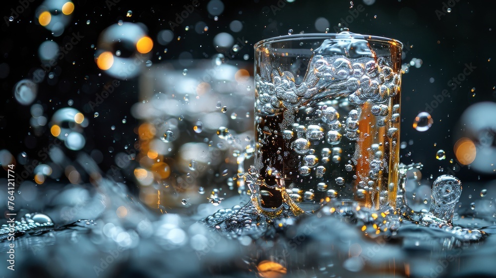 Poster Bubbles floating in a black background represent the freshness of carbonated drinks and sparkling water, and are shot from real moving water, not 3D.