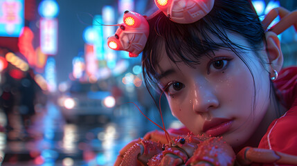A captivating digital artwork of a girl with crabs and a neon-lit urban setting