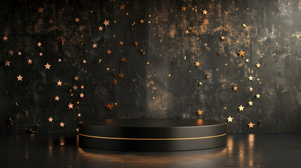 An elegant podium with golden lights and stars in the background for a presentation or award...