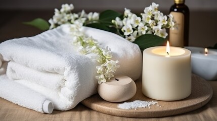 Fototapeta na wymiar Spa beauty essentials on white wooden table for the ultimate relaxing treatment experience