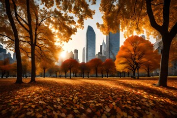 A city park in full autumn splendor, with leaves carpeting the ground and skyscrapers in the...