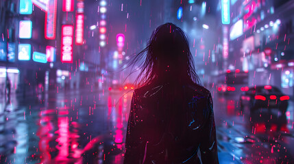 A mysterious woman stands surrounded by vibrant neon lights reflecting on wet streets, capturing a cyberpunk vibe
