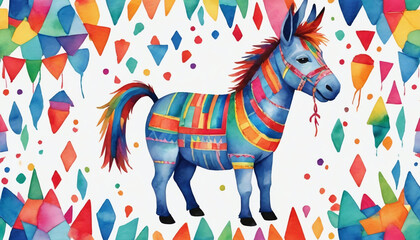 Fototapeta na wymiar Watercolor Illustration Of Colorful Donkey Piã±Ata With Geometric Patterns