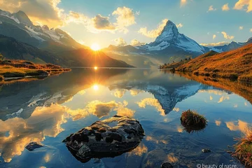 Foto op Canvas Wonderful view of Bachalpsee in the evening Lovely fall sunset in the Swiss Alps, Grindelwald in Bernese Oberland, background of the idea "beauty of nature.". © Hassan