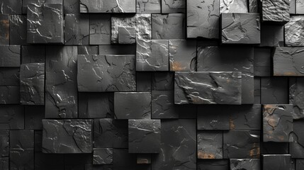 A black and gray wall made of stone blocks