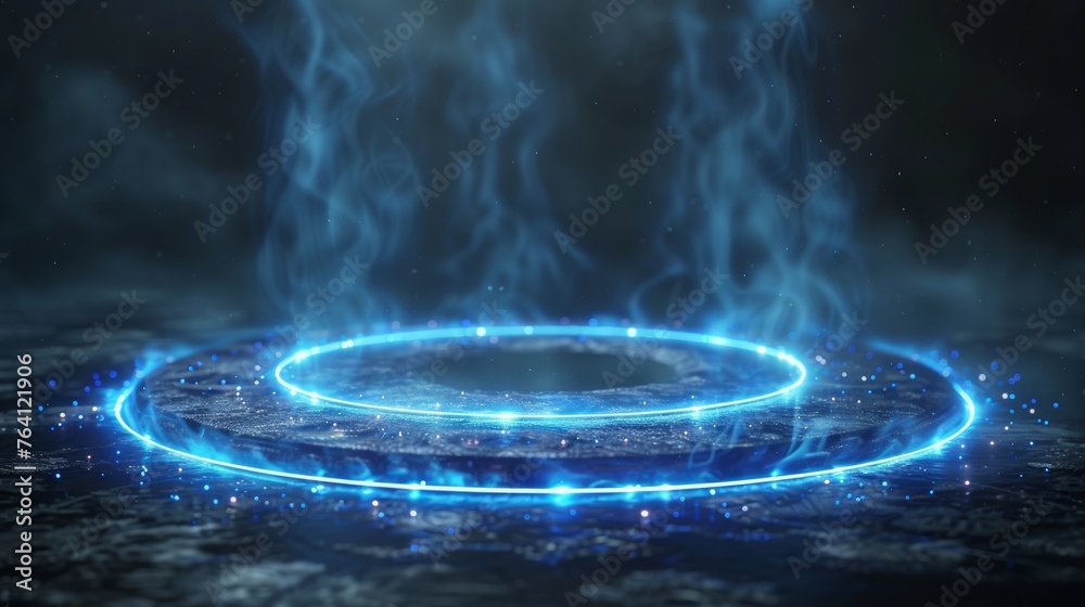Poster luminous energy circles and rays on transparent background. realistic teleportation portal. holograp