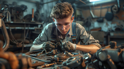 Junior Mechanic: Navigating the Complexity of Automotive Repair - obrazy, fototapety, plakaty
