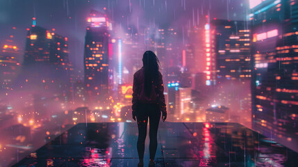 A lone figure looks out over a neon-drenched cityscape from a high vantage point, a sense of wonder and isolation
