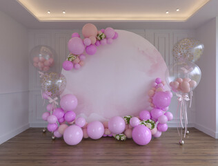 interior of a room with a pink and white ballons