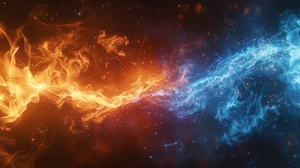 Foto auf Leinwand In this modern illustration, you will find VS screens for sport games, matches, tournaments, martial arts, and fight battles. A blue flame with sparks and glowing dust with an abstract magic effect. © Zaleman