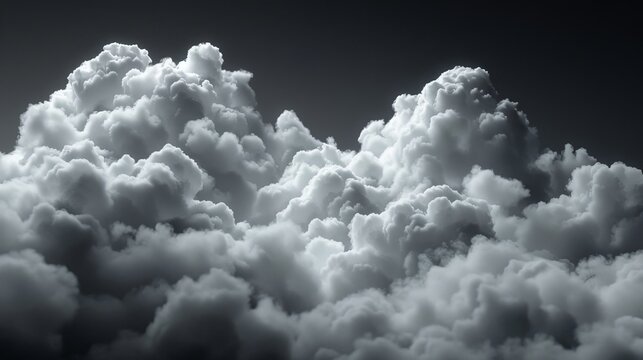 A set of clouds isolated on a black background. There is a white mist, fog, or smog in the background.