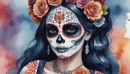 Watercolor Illustration Of Dia De Los Muertos Women With Sugar Skull Makeup