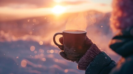 Hot coffee cup in snow winter in rugged lands.