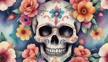 Watercolor Illustration Of Mexican Skull Adorned With Flowers