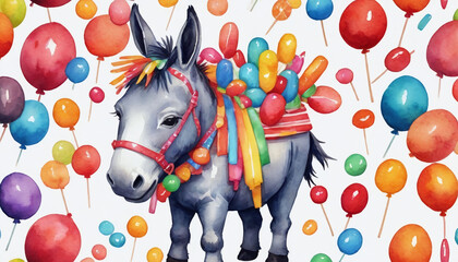 Watercolor Illustration Of Watercolor Donkey Piã±Ata With Candies - obrazy, fototapety, plakaty