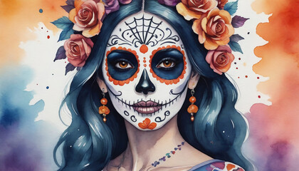 Watercolor Illustration Of Dia De Los Muertos Woman With Sugar Skull Makeup