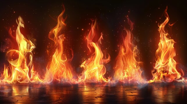 Set of modern illustrations with realistic fire flames effect.