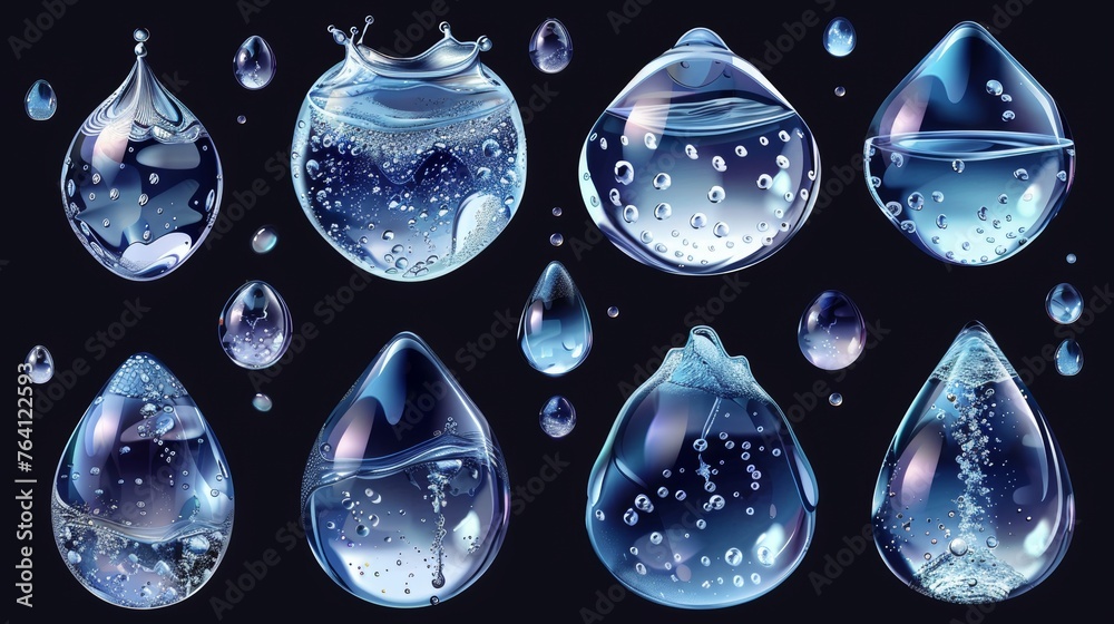 Poster realistic transparent water droplets on an isolated background. variations of transparent water drop