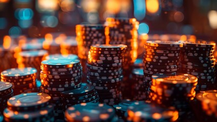 High stacks of casino chips creating a landscape of potential fortune and risk