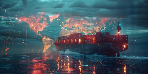 Navigating Global Trade: A Futuristic Container Ship on a Digital World Map. Concept Global Trade, Container Ship, Futuristic Technology, Digital World Map, Navigating Supply Chains