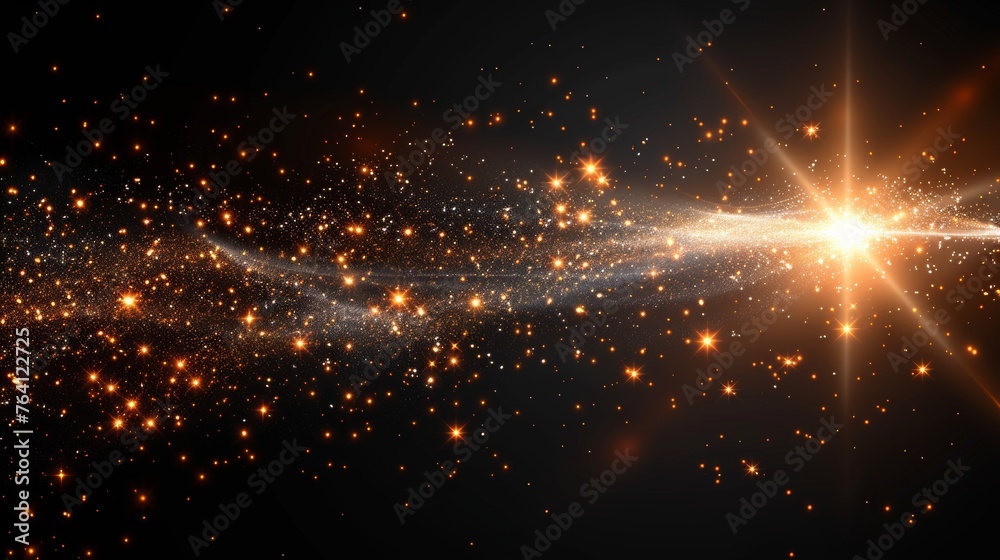 Poster Light flash with lens flare effect of sparkling sun or starlight beam and gleaming bokeh glare sparkle. Isolated modern of twinkling star or solar space burst.