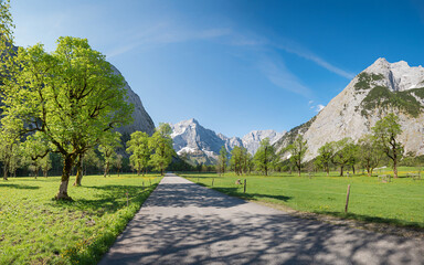 road through Karwendel valley Großer Ahornboden, at springtime