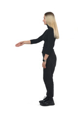 side view woman shaking hands with imaginary person on white background