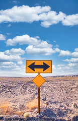 Direction sign in the desert under a blue sky. Concept of uncertain, risk, choice, decision