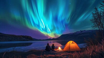 Camping in wild with tent and stunning aurora light at night.