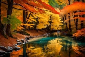 A tranquil stream flowing gently amidst towering trees, reflecting the vibrant colors of autumn leaves in its crystal-clear waters.