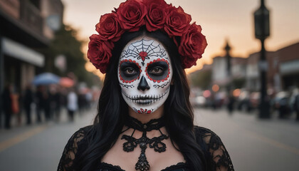 Fototapeta na wymiar Photo Of Woman In Day Of The Dead Skull Costume
