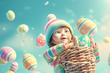 Fototapeta na wymiar A delighted child in winter attire holds a woven basket overflowing with colorful Easter eggs in a whimsical setting