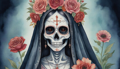 Watercolor Illustration Of La Llorona And La Santa Muerte With Flower-Adorned Skull