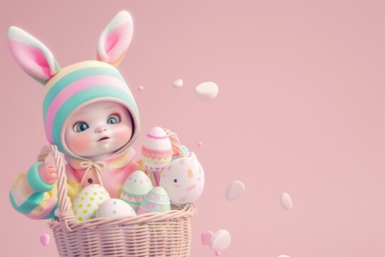A whimsical image of a toy bunny figure in pastels holding a basket filled with colorful Easter eggs