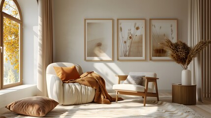 Warm and inviting living room setup with autumnal decor, comfortable seating, and framed botanical art on the wall.