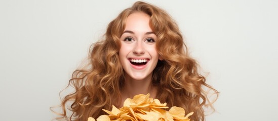 A close-up image of a woman holding a bowl filled with crunchy chips