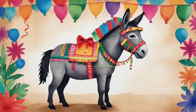 Photo Of Donkey Piã±Ata Watercolor With Papel Picado For Las Posadas