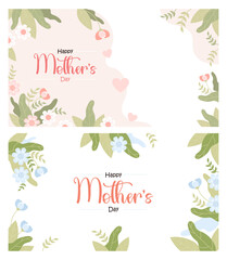 Floral banners Happy Mothers Day. Pink and blue flowers on white background with congratulations inscription. Horizontal isolated festive posters. Vector illustration in flat style