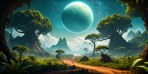 Jungle Exoplanet with a moon low in the sky. Alien World. - 764123574