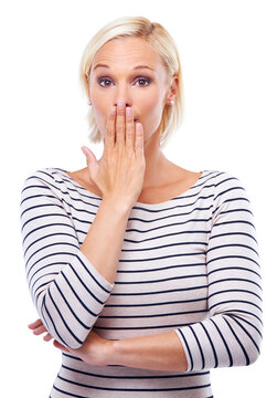 Woman, portrait and hand over mouth for surprise, reaction and emoji with oops for mistake on white background. Gossip, drama and fail with facial expression, gesture and shock in studio for news