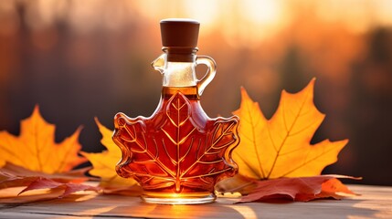 Beautifully bottled maple syrup in maple leaf shaped glass, radiating freshness and elegance, embodying the pure and delightful essence of nature's sweetness.