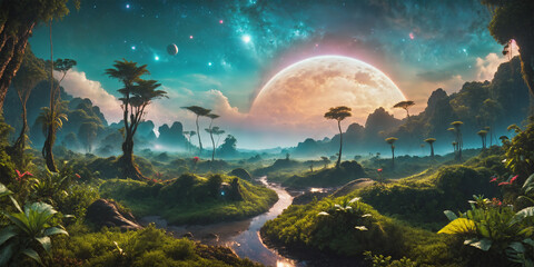 Fototapeta na wymiar Jungle Exoplanet with a moon low in the sky. Alien World.
