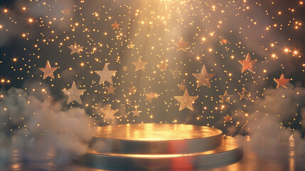 A podium with stars shining in the background, an empty award ceremony stage as a backdrop design for photography and digital backgrounds, in the style of an illustration,  a hyper realistic.