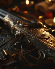 Close-up on the intricate woodwork of an antique firearm, perfect for a mystery game's puzzle piece clue, in dim candlelight