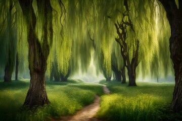 A tranquil grove of weeping willows swaying gently in the breeze, their cascading branches a natural curtain.